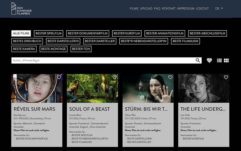 Webprojekt Schweizer Filmpreis | Soziales & Kultur, Applikationen