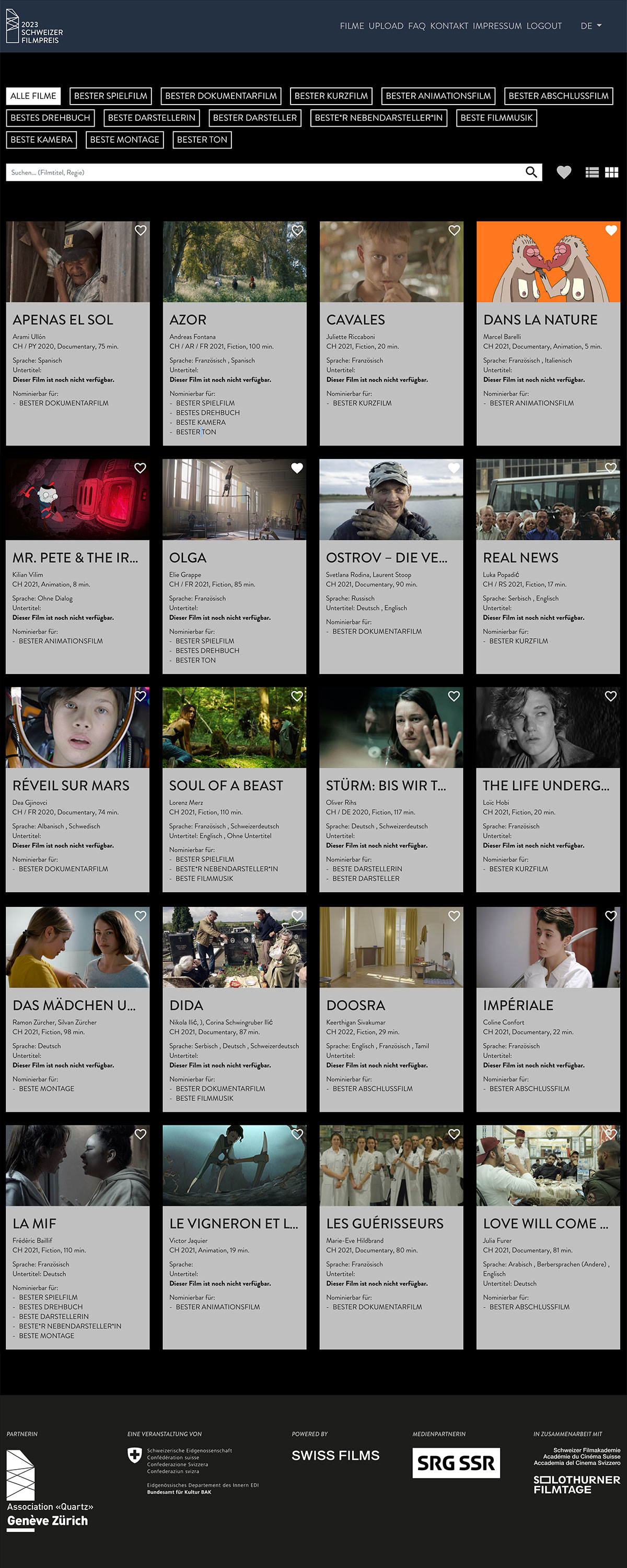 Webprojekt Schweizer Filmpreis Soziales & Kultur, Applikationen