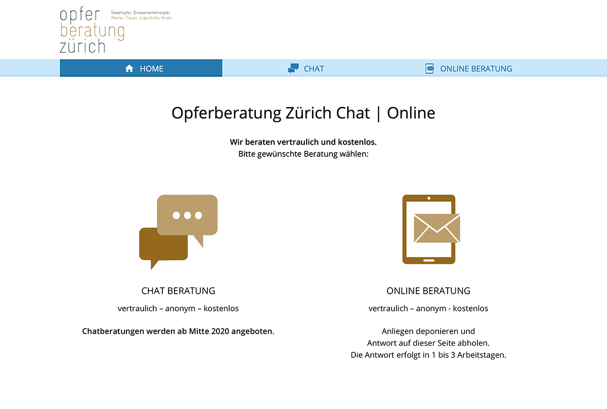 Webprojekt Opferberatung Zürich - Chat | Online Hilfe Applikationen, Gesundheit, Soziales & Kultur